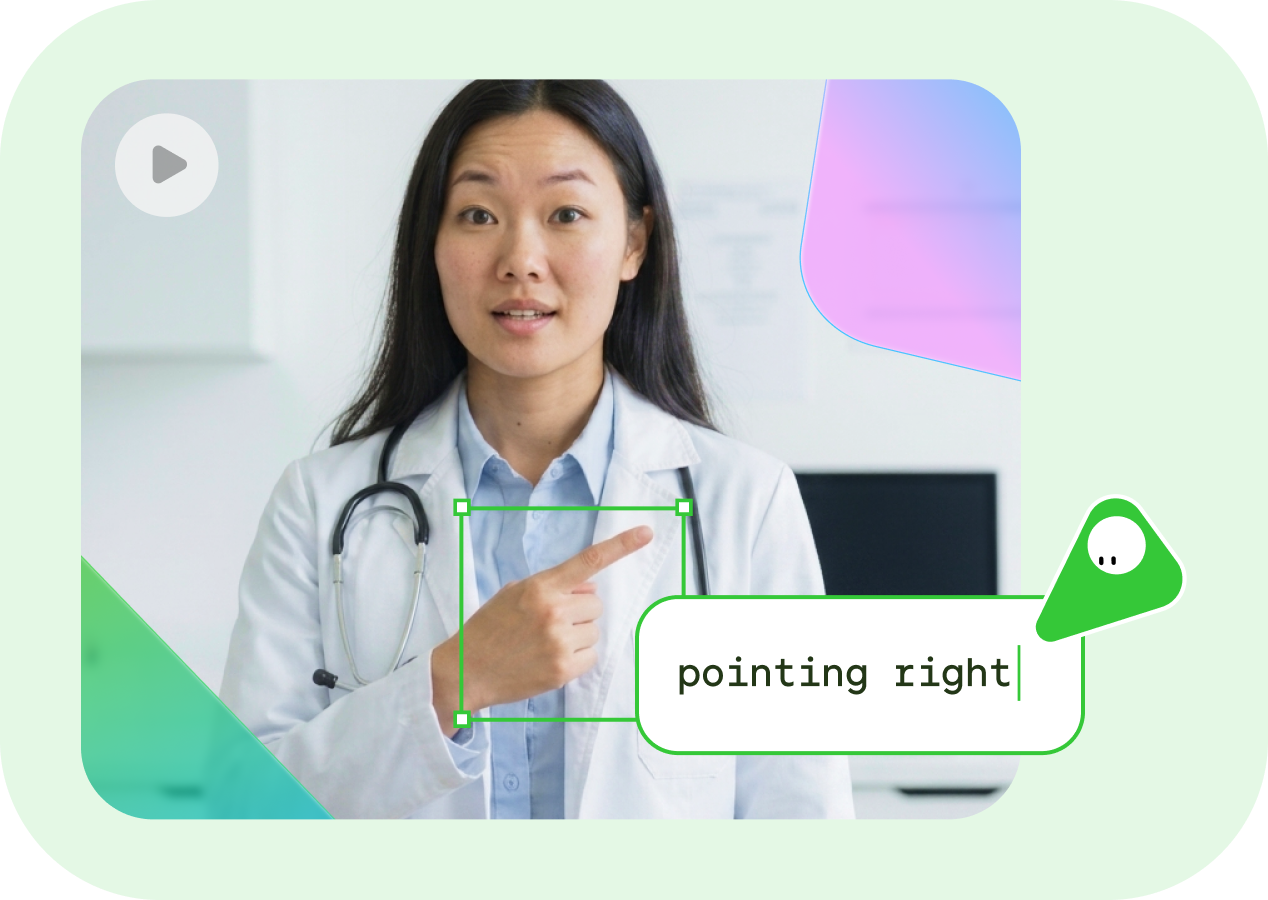 Video of a doctor pointing right, with an AI-generated caption 'pointing right'.