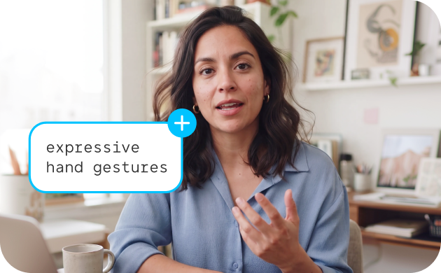 A woman speaking with a text overlay reading expressive hand gestures.